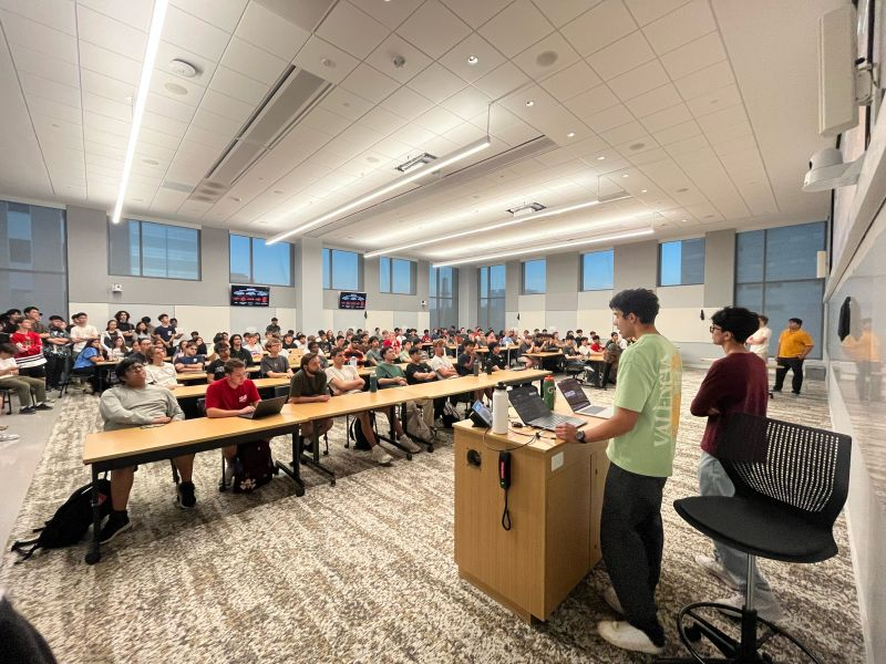 Students gathered in a lecture hall for SiliconBadgers’ first meeting